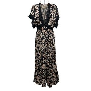 Bila77 Chloe Lace Tiered Hem Floral Maxi Dress Deep V Black Size XS